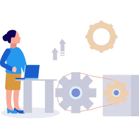 Lady is looking at the cogwheel setting  Illustration