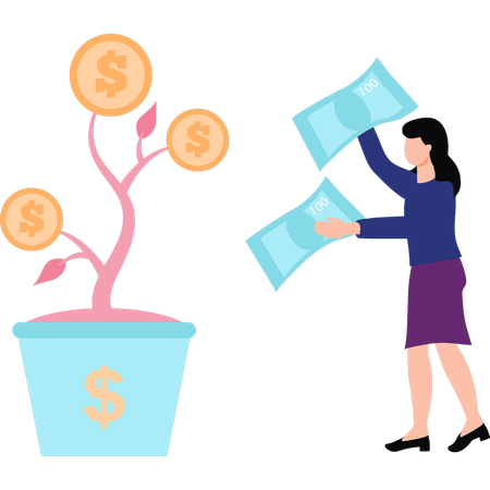 Lady is receiving money from money plant  Illustration
