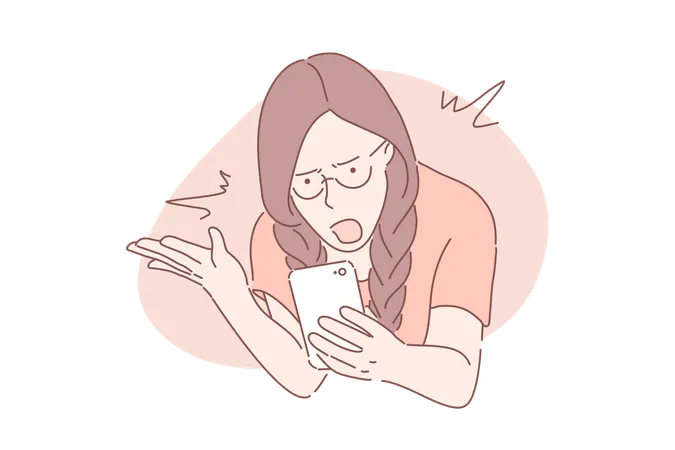 Anger Frustration Confusion Concept Nervous Girl Looking At Smartphone Screen Furious Teenager Irritated With Phone Malfunction Mad Woman Angry With Bad Message Simple Flat Vector Illustration