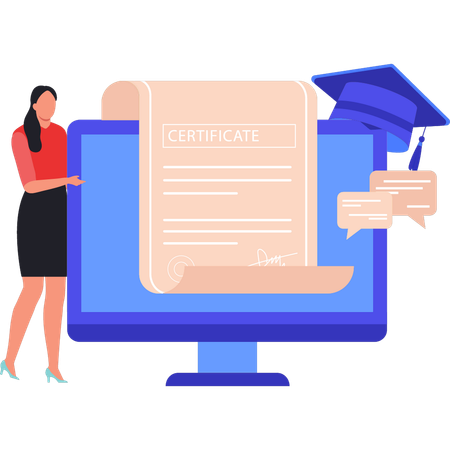 Lady is showing a certificate on a monitor screen  イラスト