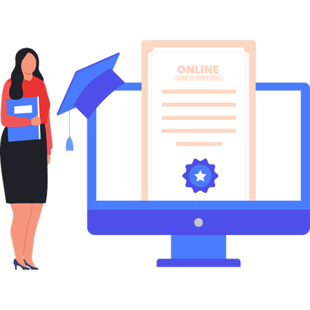 Lady is showing an online certification on screen  イラスト