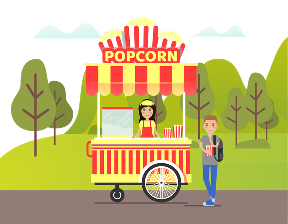 Lady is standing at popcorn stall  Illustration