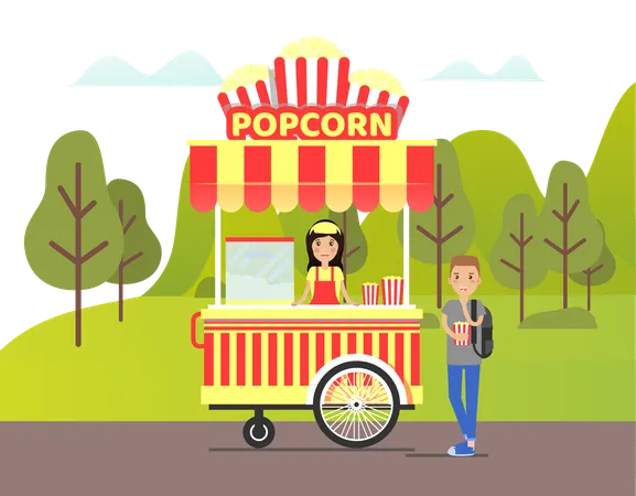Lady is standing at popcorn stall  Illustration