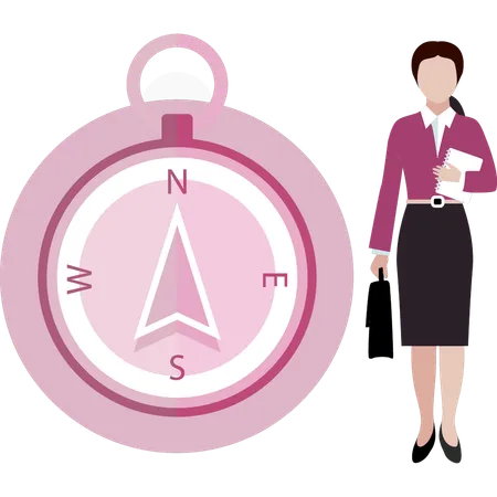 A Female Is Standing Next To The Compass Illustration