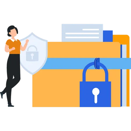 Lady is standing next to the locked folder  Illustration