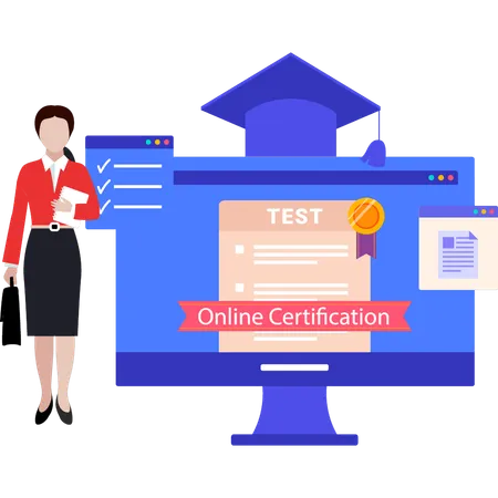 Lady is standing with online certificate  Illustration