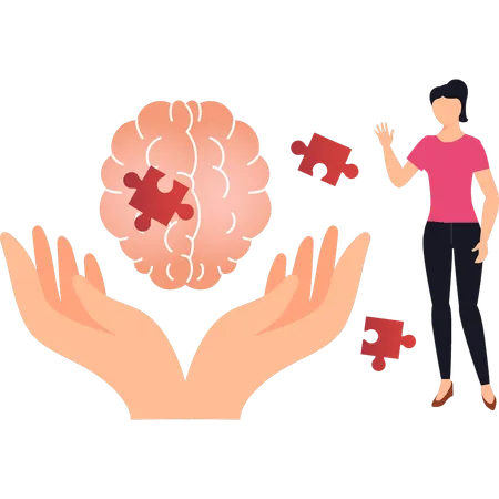Lady is stands next to puzzle pieces for brains  Illustration