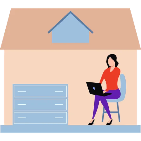 A Girl Is At Home And Doing Remote Work On Laptop Illustration