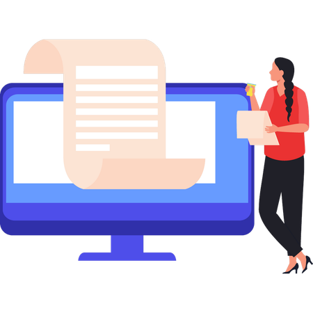 Lady looking at a diploma certificate  イラスト