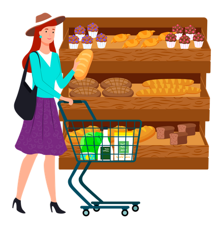 Lady looking at bakery in supermarket  Illustration