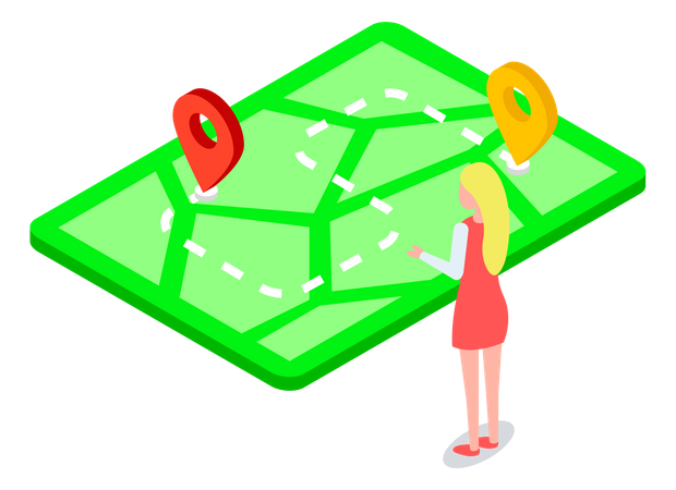 Lady looking at map with marks  Illustration