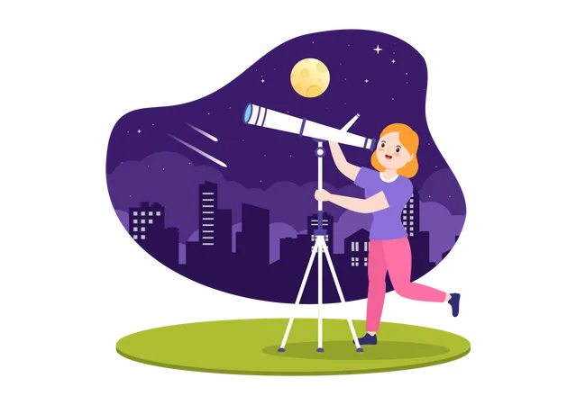 Astronomy Cartoon Illustration With People Watching Night Starry Sky Galaxy And Planets In Outer Space Through Telescope In Flat Hand Drawn Style Illustration