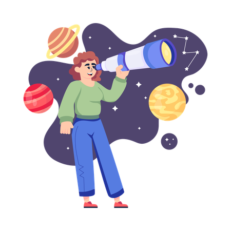 Lady Looking Into Telescope  Illustration