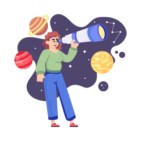 Lady Looking Into Telescope  Illustration