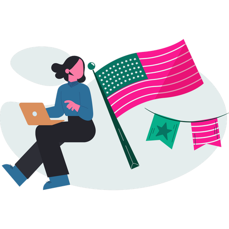 Lady looking USA flag  Illustration