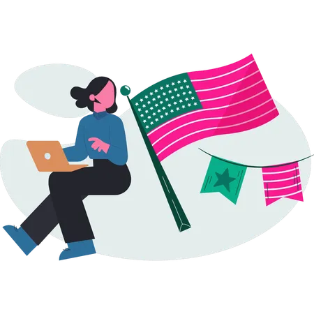 Lady looking USA flag  Illustration