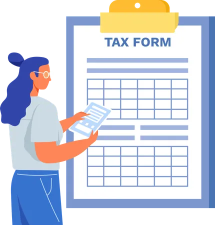 Woman Near Giant Clipboard Businesswoman Checks Document Form For Tax Payments Checklist Paper Sheet With Results Of Review Report Lady Looks At Tax Form Evaluates Document Vector Illustration Illustration