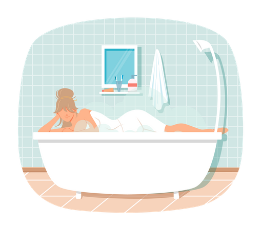 Lady lying in bathtub is relaxing in bathroom  Illustration