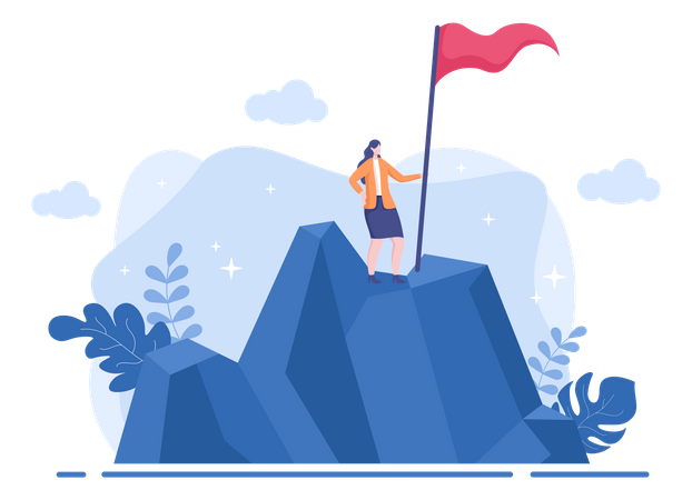 Lady On Mountain With Success Flag Illustration