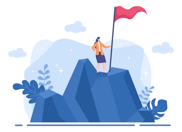 Lady On Mountain With Success Flag  Illustration