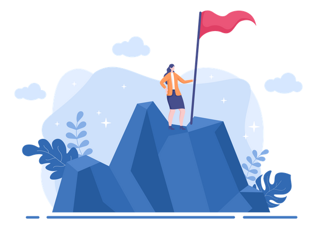 Lady On Mountain With Success Flag  Illustration