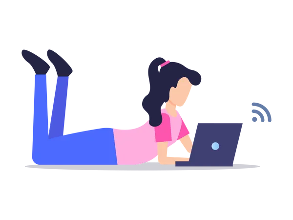 Lady operating laptop while lying down Illustration
