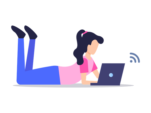 Lady operating laptop while lying down  Illustration