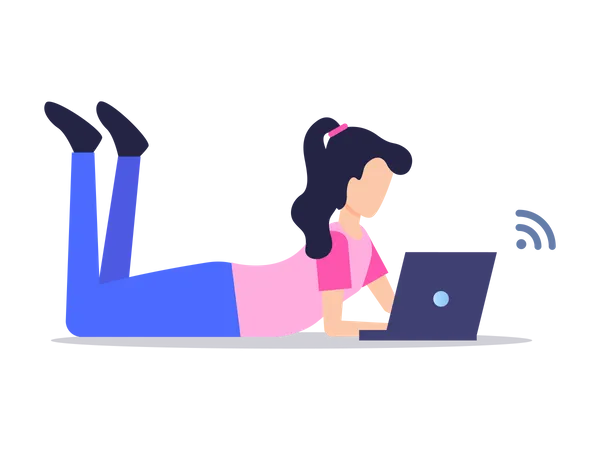 Lady operating laptop while lying down  Illustration