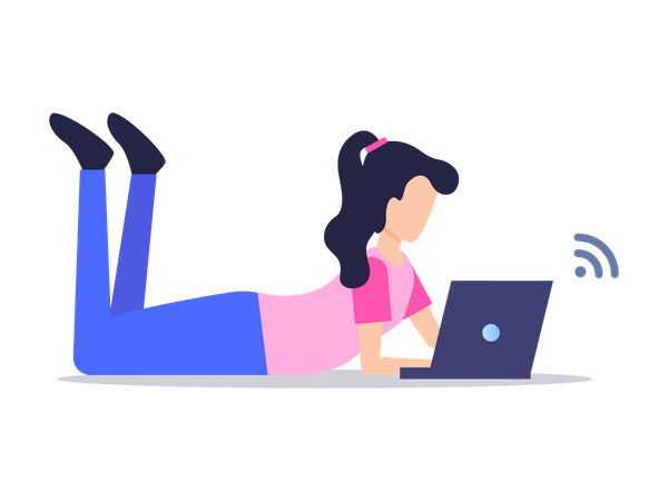 Lady operating laptop while lying down  Illustration