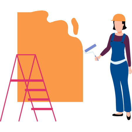 Lady painter is painting a wall  Illustration