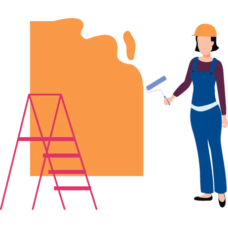 Lady painter is painting a wall  Illustration