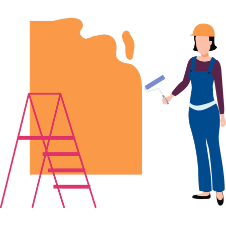 Lady painter is painting a wall  イラスト