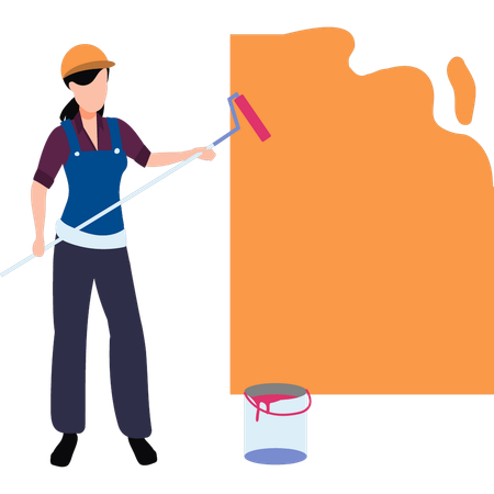 Lady painter is painting a wall with paint roller  イラスト