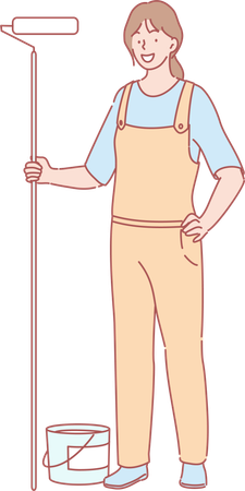 Lady painter with roller painting brush  Illustration
