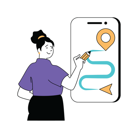 Lady presenting route on smartphone  Illustration