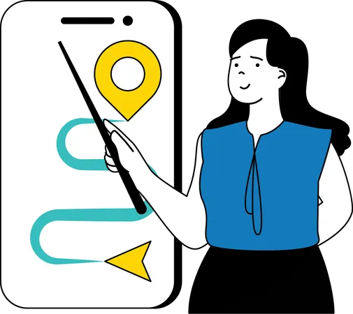 Lady presenting route on smartphone  Illustration