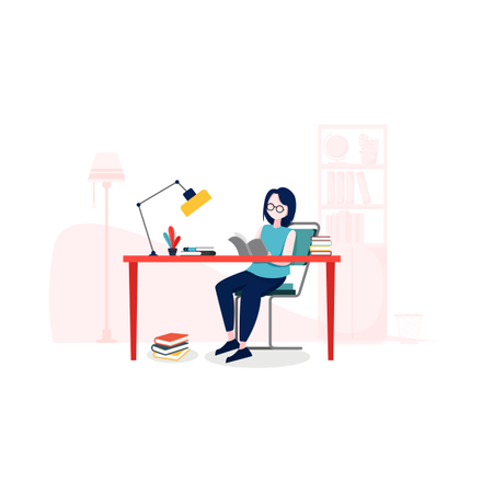 Lady reading book on study desk  Illustration