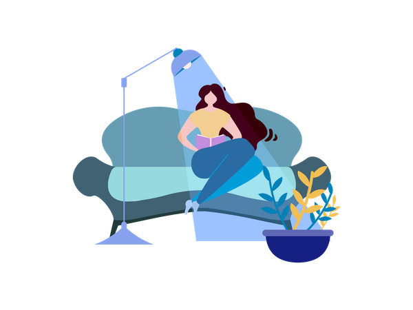 Lady reading book while seating on sofa Illustration