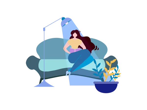 Lady reading book while seating on sofa  Illustration