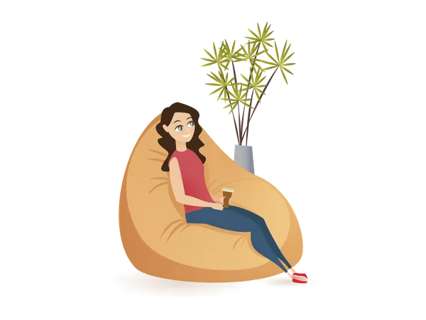 Lady resting while seating on bean bag holding coffee cup Illustration