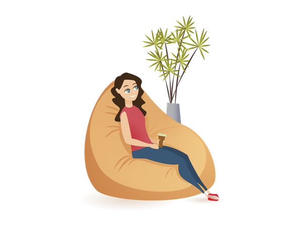 Lady resting while seating on bean bag holding coffee cup  Illustration