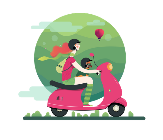 Lady riding scooter with her dog Illustration