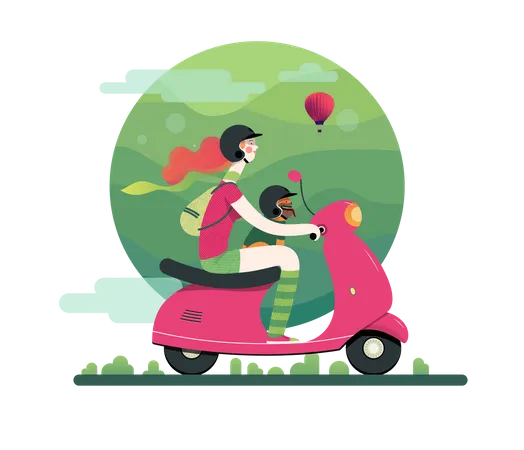 Lady riding scooter with her dog Illustration
