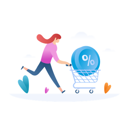 Lady running for shopping discount with trolley  Illustration