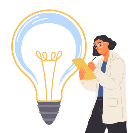 Lady scientist works with generating ideas  Illustration