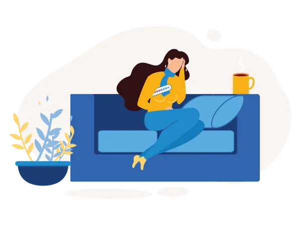 Lady seating on the couch with a cold and flu symptoms  Illustration