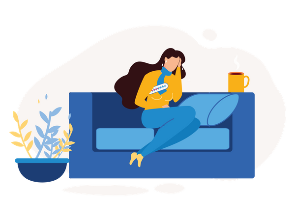 Lady seating on the couch with a cold and flu symptoms  Illustration