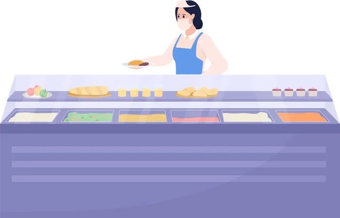 Lady Serve School Lunch Semi Flat Color Vector Character Standing Figure Full Body Person On White Dining Isolated Modern Cartoon Style Illustration For Graphic Design And Animation Illustration