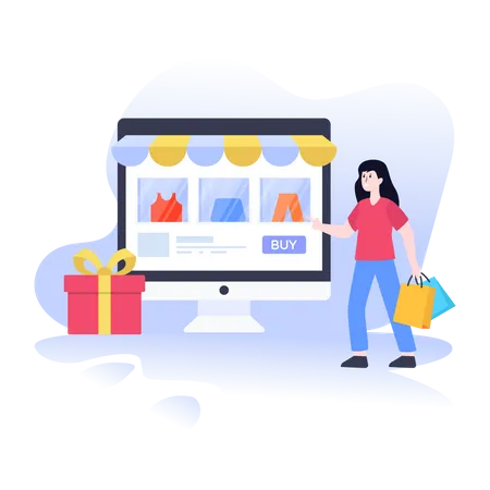Lady shopping and browsing through e-commerce website Illustration