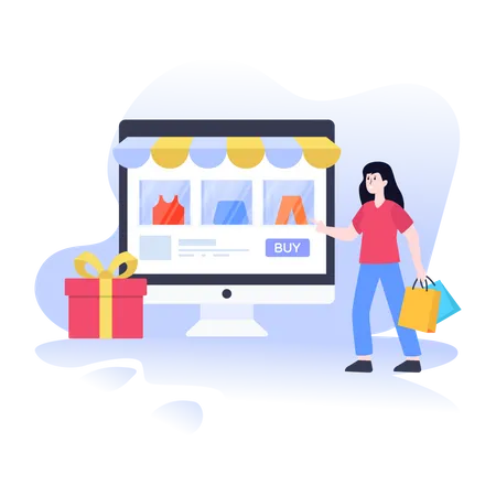 Lady shopping and browsing through e-commerce website  Illustration